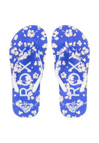 Tongs bleues avec des straps blanches, ornées d'un motif floral en jaune et blanc. La marque "ROXY" est imprimée en grandes lettres sur le dessus.