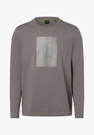 Grijze lange mouw t-shirt van katoen met een ronde hals, voorzien van een getextureerde zilveren grafische print in het midden van de voorkant.