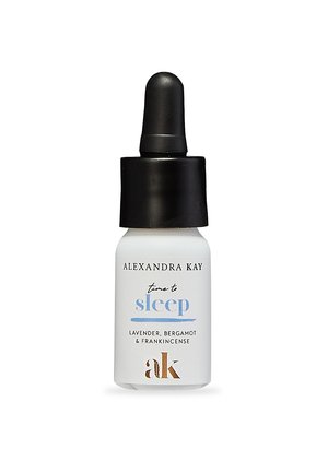 White glass bottle with a black dropper lid. Label features blue and brown text: "time to sleep," "lavender, bergamot & frankincense."
