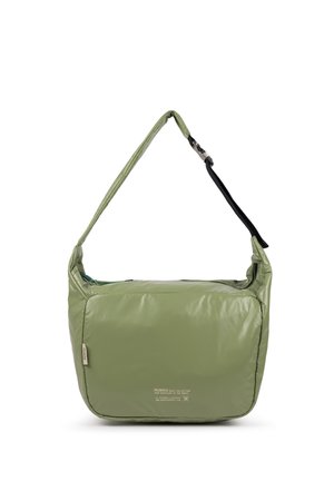 Bolso de hombro verde claro con correa ajustable, forma rectangular y abertura superior con cremallera, diseñado para uso casual.