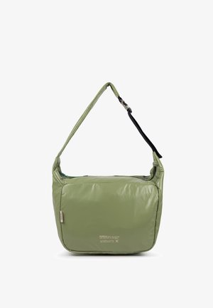 Bolso de hombro verde claro con correa ajustable, forma rectangular y abertura superior con cremallera, diseñado para uso casual.