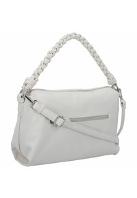 Sac à main en cuir blanc avec une poignée tressée et une bandoulière amovible. Dispose d'une poche zippée à l'avant et d'une texture lisse.