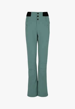 Hellgrüne Softshell-Hose mit einem breiten schwarzen Bund, drei Knöpfen und seitlichen Reißverschlusstaschen. Gerades Bein Design.