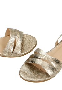 Gouden sandalen met een gestructureerd pythonpatroon, voorzien van twee gekruiste bandjes en een platte zool. Het eenvoudige ontwerp benadrukt het materiaal.