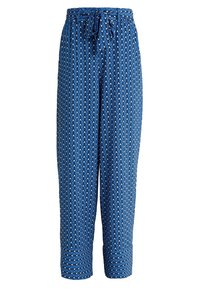 Blå mönstrade byxor i lätt tyg med dragsko i midjan, med en diamantdesign och cropped längd.