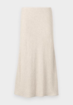 Bežna tkanina suknja s raširenim dizajnom, glatkom teksturom i suptilnim zig-zag uzorkom. Srednje dužine bez vidljivih kopčanja ili ukrasa.