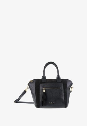 Borsa in pelle nera e scamosciata con manici superiori, tasca frontale con zip e nappina, e tracolla regolabile.