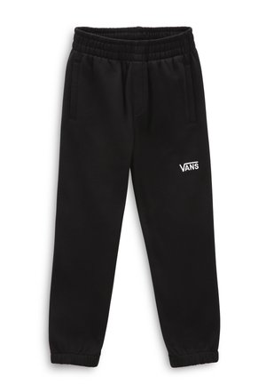 Zwarte Vans joggingbroek met elastische tailleband en boorden, zijzakken en wit Vans-logo op de linker dij.