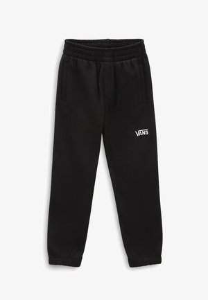 Pantalon de survêtement Vans noir avec taille et poignets élastiques, poches latérales et logo Vans blanc sur la cuisse gauche.