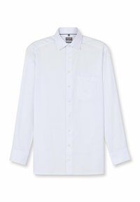 Weißes langärmliges Hemd mit klassischem Kragen, Fronttasche und Knopfleiste. Glatte Textur mit einem klaren Erscheinungsbild.