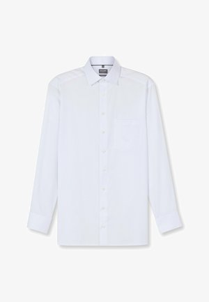 Weißes langärmliges Hemd mit klassischem Kragen, Fronttasche und Knopfleiste. Glatte Textur mit einem klaren Erscheinungsbild.