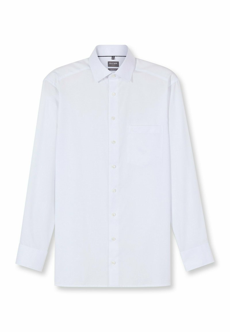 Weißes langärmliges Hemd mit klassischem Kragen, Fronttasche und Knopfleiste. Glatte Textur mit einem klaren Erscheinungsbild.