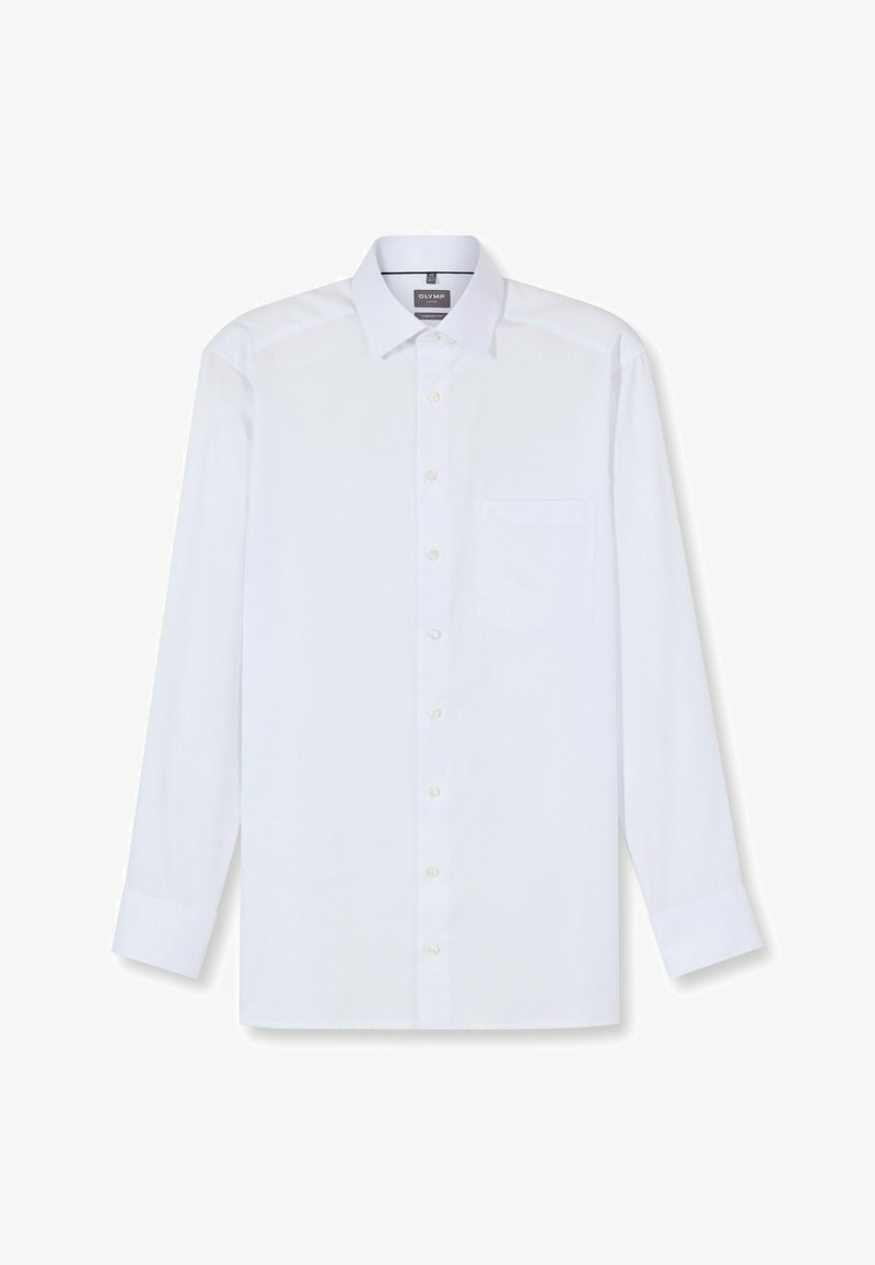 Weißes langärmliges Hemd mit klassischem Kragen, Fronttasche und Knopfleiste. Glatte Textur mit einem klaren Erscheinungsbild.