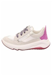 Sneaker with a light beige upper, purple laces, and a pink back accent. Features a white midsole and a zippered side detail. Rubber sole.