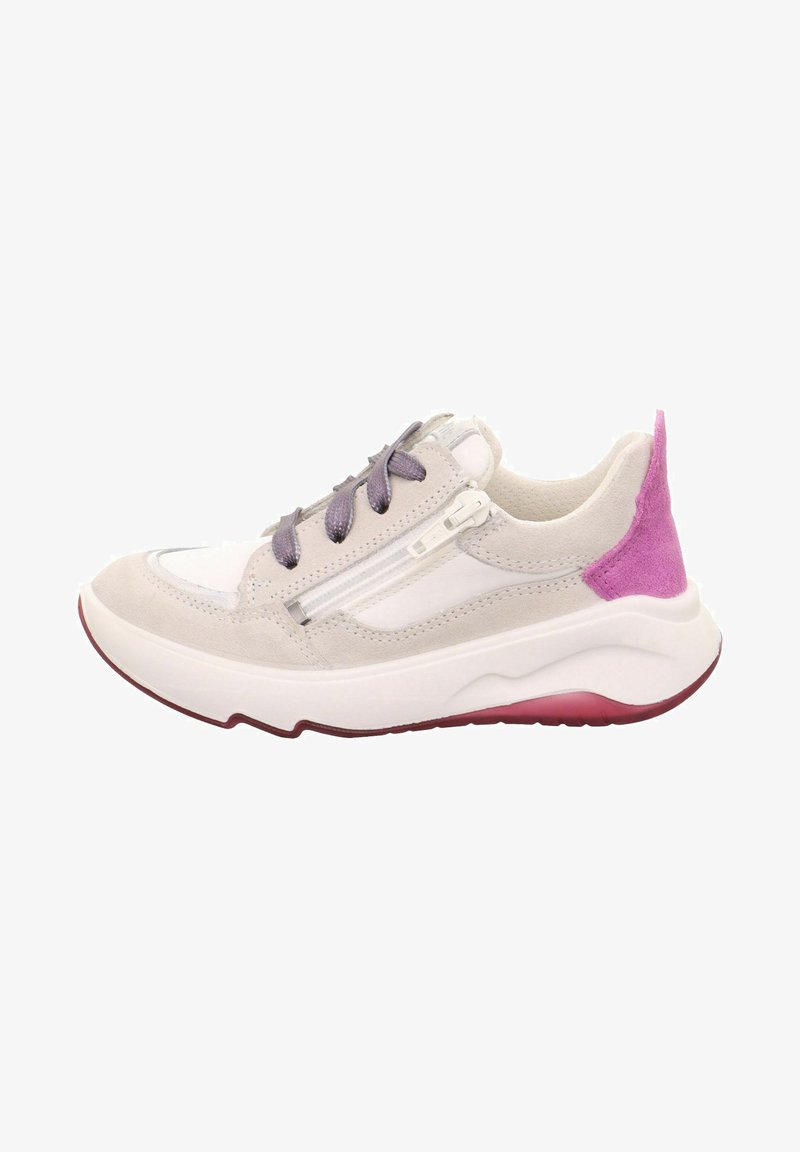 Sneaker with a light beige upper, purple laces, and a pink back accent. Features a white midsole and a zippered side detail. Rubber sole.