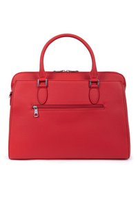 Borsa a mano in pelle rossa con texture a grana, doppi manici superiori, hardware argentato e tasca con zip frontale. Presenta una forma strutturata e bordi lisci.