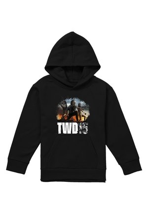 Black hooded sweatshirt with front pocket, featuring three characters from The Walking Dead and the text "TWD15" on the chest.