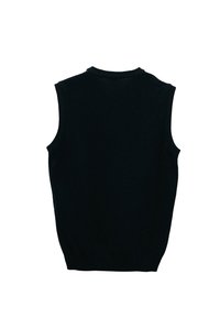 Pull sans manches en maille noire avec col, emmanchures et ourlet côtelés, posé à plat sur fond blanc.