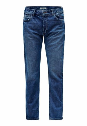 Blauwe rechte jeans met voor- en achterzakken, knoopsluiting, riemlussen en een merklabel aan de binnenkant van de tailleband.