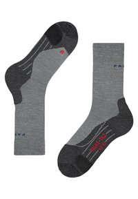 Calze grigie con tacco e punta di un grigio più scuro, caratterizzate da strisce grigie chiare e marchio rosso sulla suola. Soletta progettata per il comfort.