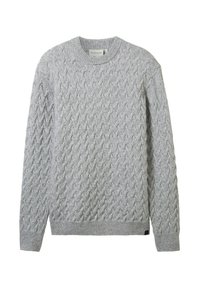 Pull gris en maille avec un motif torsadé texturé, encolure ronde, poignets et ourlet côtelés. Confectionné dans un matériau doux et chaud.