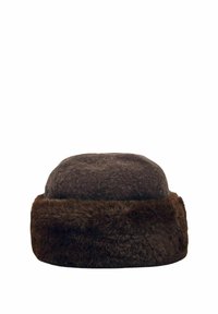 Bruine bonten hoed met een ronde bovenkant, gemaakt van viltmateriaal. Heeft een zachte, textuurachtige bontband aan de onderkant, die warmte en comfort biedt.