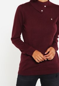 Pull bordeaux avec un col montant, une fermeture à deux boutons, des manches longues et des poignets et ourlet côtelés. Tissu en maille douce, coupe ajustée.