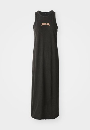 Black sleeveless maxi dress with a round neckline. Features "Rock On" graphic in colorful lettering across the chest. Soft fabric texture.