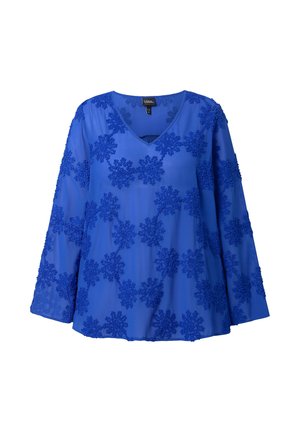 Blå bluse med lange ærmer og V-hals, med blomsterbroderi over hele og en let, flydende tekstur.