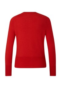 Roter gestrickter Pullover mit langen Ärmeln, rundem Ausschnitt sowie gerippten Bündchen und Saum. Glatte Textur, einfarbig, ohne zusätzliche Muster oder Akzente.