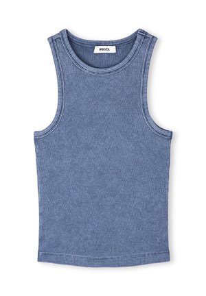 Blauw geribbeld tanktop met een ronde halslijn en brede armsgaten. Heeft contrasterende stiksels langs de randen. Gemaakt van zachte katoen.