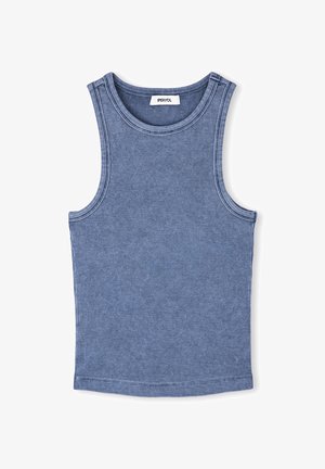 Blauw geribbeld tanktop met een ronde halslijn en brede armsgaten. Heeft contrasterende stiksels langs de randen. Gemaakt van zachte katoen.