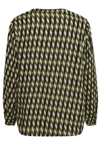 Haut à manches longues avec un motif géométrique à rayures diagonales vertes, noires et beiges, présenté de dos sur fond blanc.