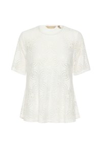 Top in pizzo bianco con maniche corte, scollatura rotonda e motivi floreali su tutto il capo. Il tessuto è leggero con una finitura testurizzata.