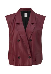 Bordeauxfarbene Lederweste mit doppelter Knopfleiste, scharfen Revers und einer einzigen Tasche. Glatte Textur und ohne Ärmel. Schwarze Innenauskleidung.