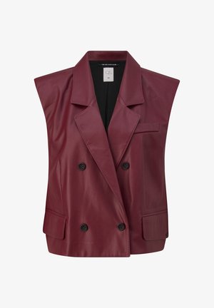 Bordeaux leren vest met dubbel knoopsysteem, scherpe revers en een enkele zak. Glad textuur en zonder mouwen. Zwart gevoerd interieur.