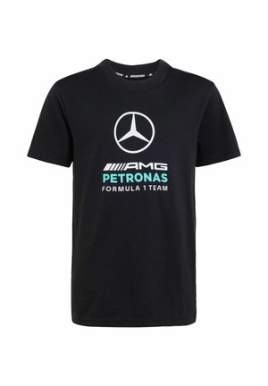 T-shirt nera a manica corta con logo Mercedes bianco e scritta "AMG PETRONAS FORMULA 1 TEAM" in bianco e turchese sul davanti.