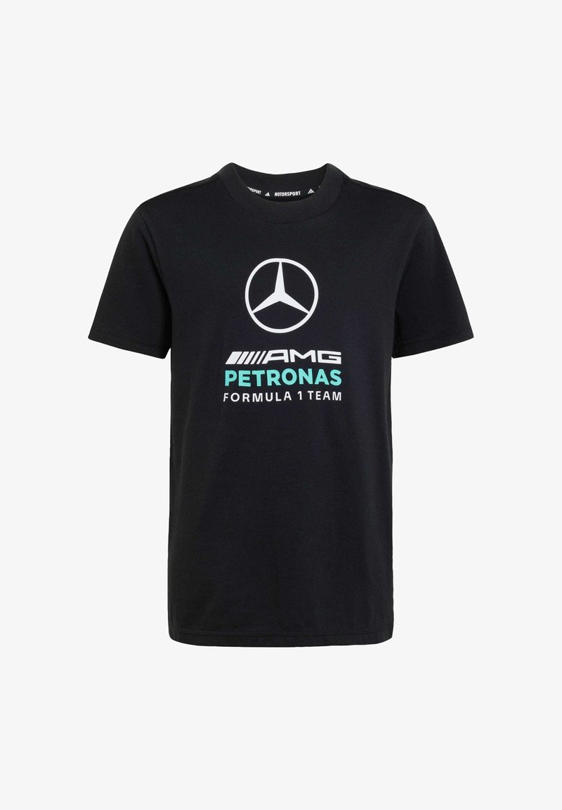 T-shirt noir à manches courtes avec logo Mercedes blanc et texte "AMG PETRONAS FORMULA 1 TEAM" en blanc et turquoise sur le devant.