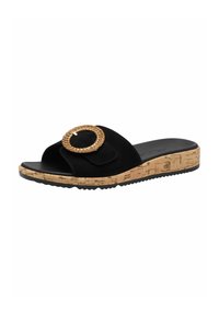 Sandalo scivoloso in suede nero con un accento a cerchio intrecciato in oro e piattaforma in sughero. Presenta una punta aperta e una suola in gomma testurizzata.