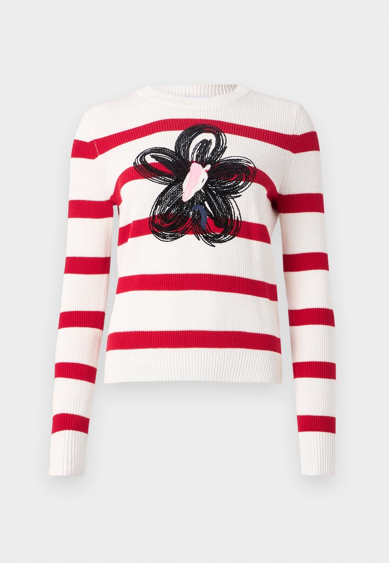 Weißer Strickpullover mit horizontalen roten Streifen und einem großen abstrakten Blumenmuster in Schwarz und Pink auf der Vorderseite.