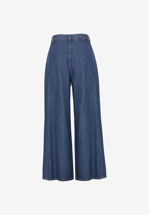 Wide-leg denim trousers in a dark blue wash, featuring a high waistband and clean, stitched seams. The fabric has a smooth texture.