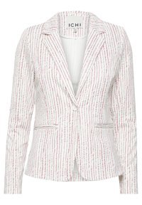 Blazer van witte stof met een roze en grijs streep patroon, enkele knoopsluiting, notch kraag en twee voorkezen.