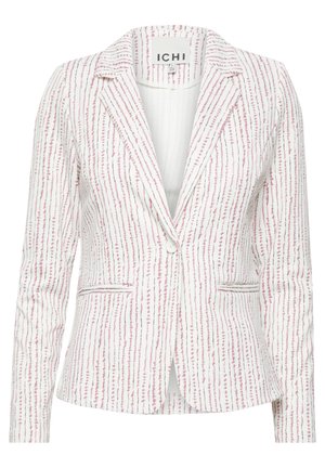 Blazer van witte stof met een roze en grijs streep patroon, enkele knoopsluiting, notch kraag en twee voorkezen.