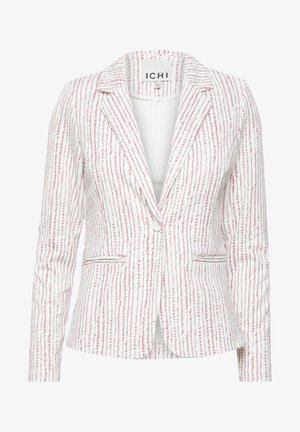 Blazer in tessuto bianco con motivo a strisce rosa e grigio, chiusura a un bottone, colletto a punta e due tasche frontali.