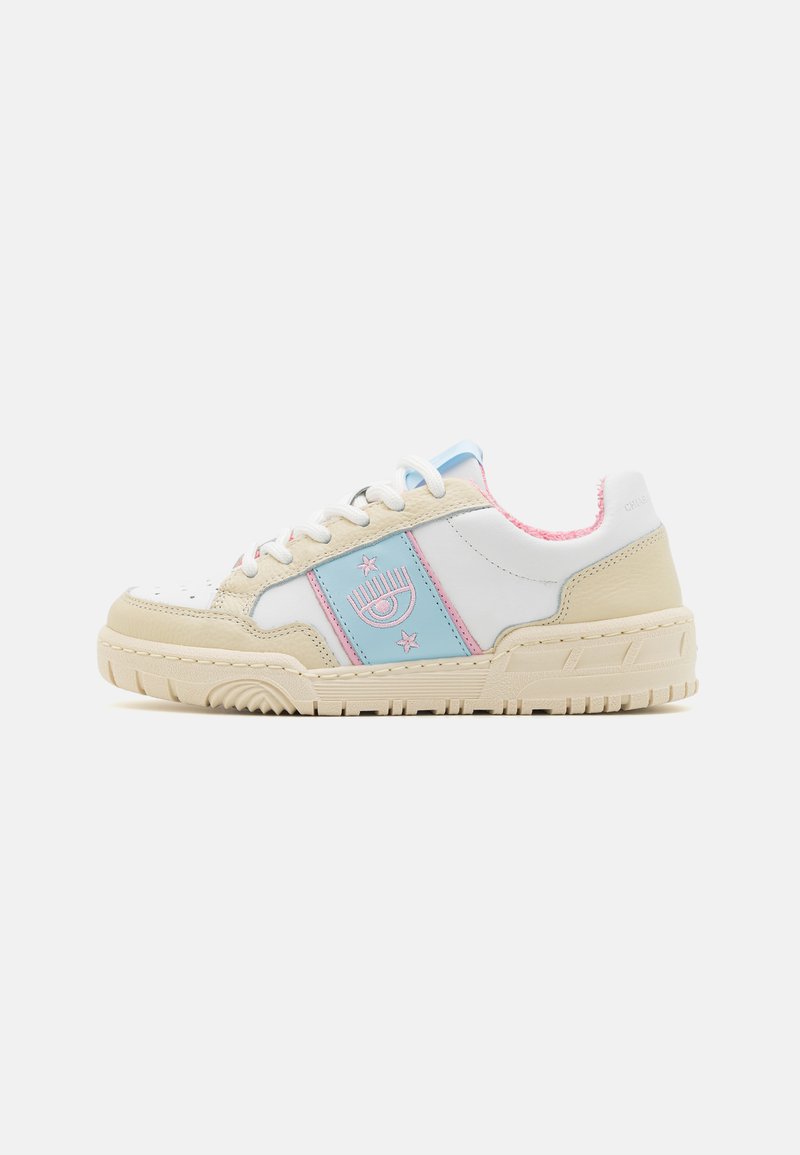 Baskets blanches et beiges avec une semelle texturée, accents bleus et roses, logo brodé et étoiles, matériaux en cuir et synthétiques.