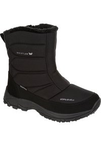 Svarta isolerade vinterstövlar med softshell-material, fuskpälsfoder vid kragen och mönstrad gummisula för bra grepp.