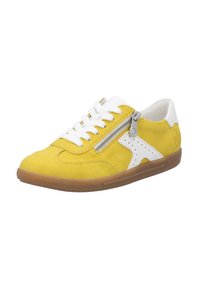 Yellow suede sneaker with white accents, featuring a side zipper and perforated design. Cushioned sole and textured rubber outsole for grip.