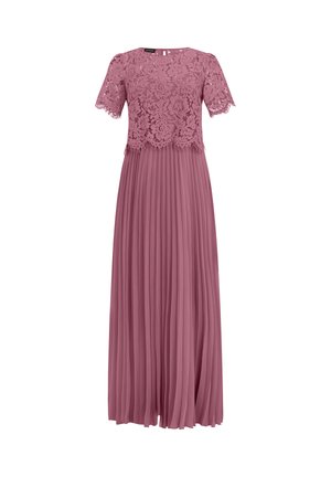 Mauvefarbenes Kleid mit kurzen Spitzenärmeln und floraler Spitzenoberteil, mit einem plissierten, fließenden Rock und rundem Ausschnitt.