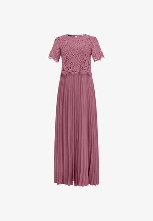 Mauvefarbenes Kleid mit kurzen Spitzenärmeln und floraler Spitzenoberteil, mit einem plissierten, fließenden Rock und rundem Ausschnitt.