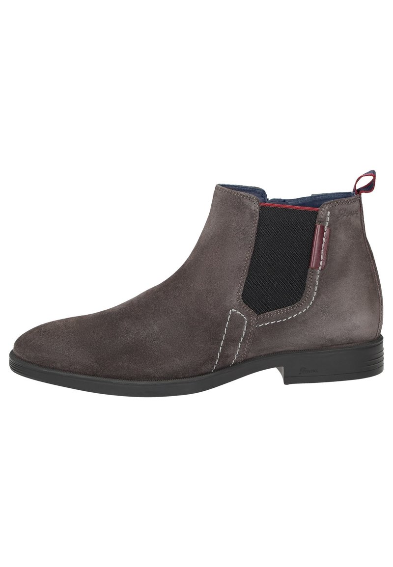 Graue Wildleder-Ankle Boots mit elastischen Seiteneinsätzen, kontrastierenden Nähten, einem Zugtab und einer glatten Gummisohle.